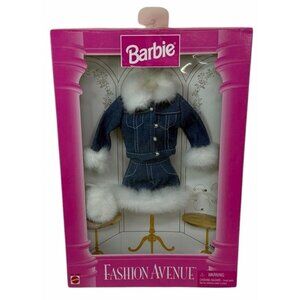 NIB Vintage Barbie Fashion Avenue #14980 Blue Denim Faux Fur Skirt Jacket Set